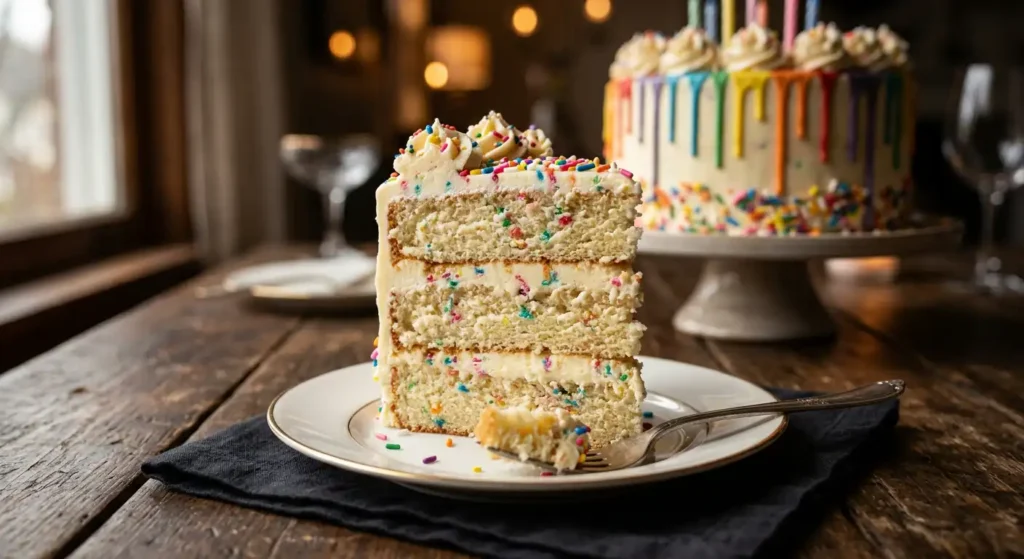 slice of homemade birthday cake showing fluffy layers and buttercream