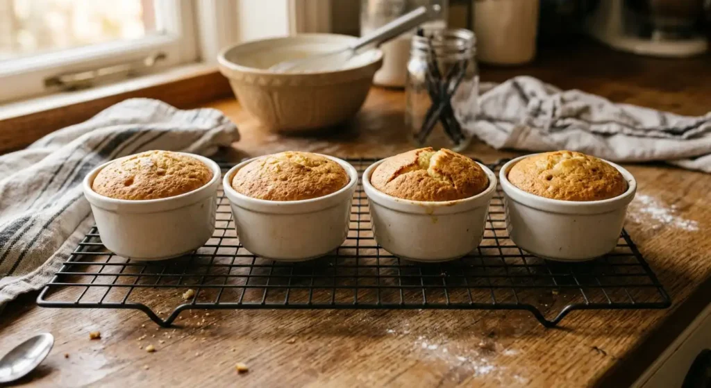 Golden baked vanilla cakes cooling in white ramekins on wire rack for dot cakes recipe