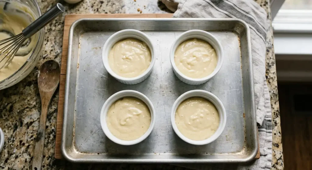 Vanilla cake batter divided among four white ramekins on baking sheet ready to bake for dot cakes