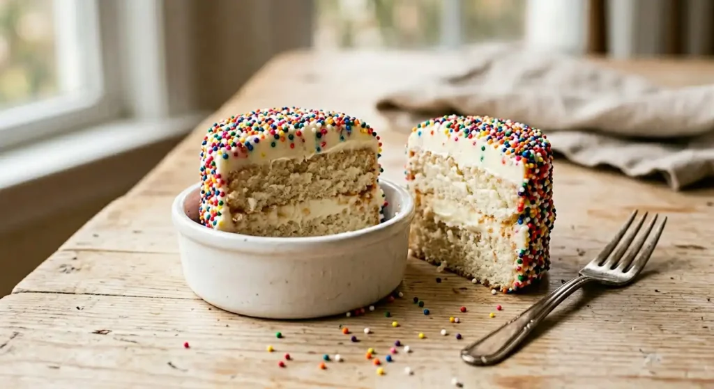 Cross section of dot cake showing vanilla sponge cream cheese frosting and rainbow sprinkle coating layers