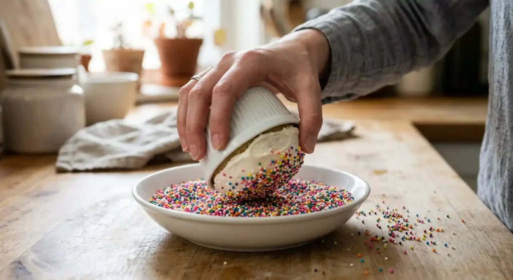  Hand dipping frosted dot cake into bowl of rainbow nonpareil sprinkles for full sprinkle coating