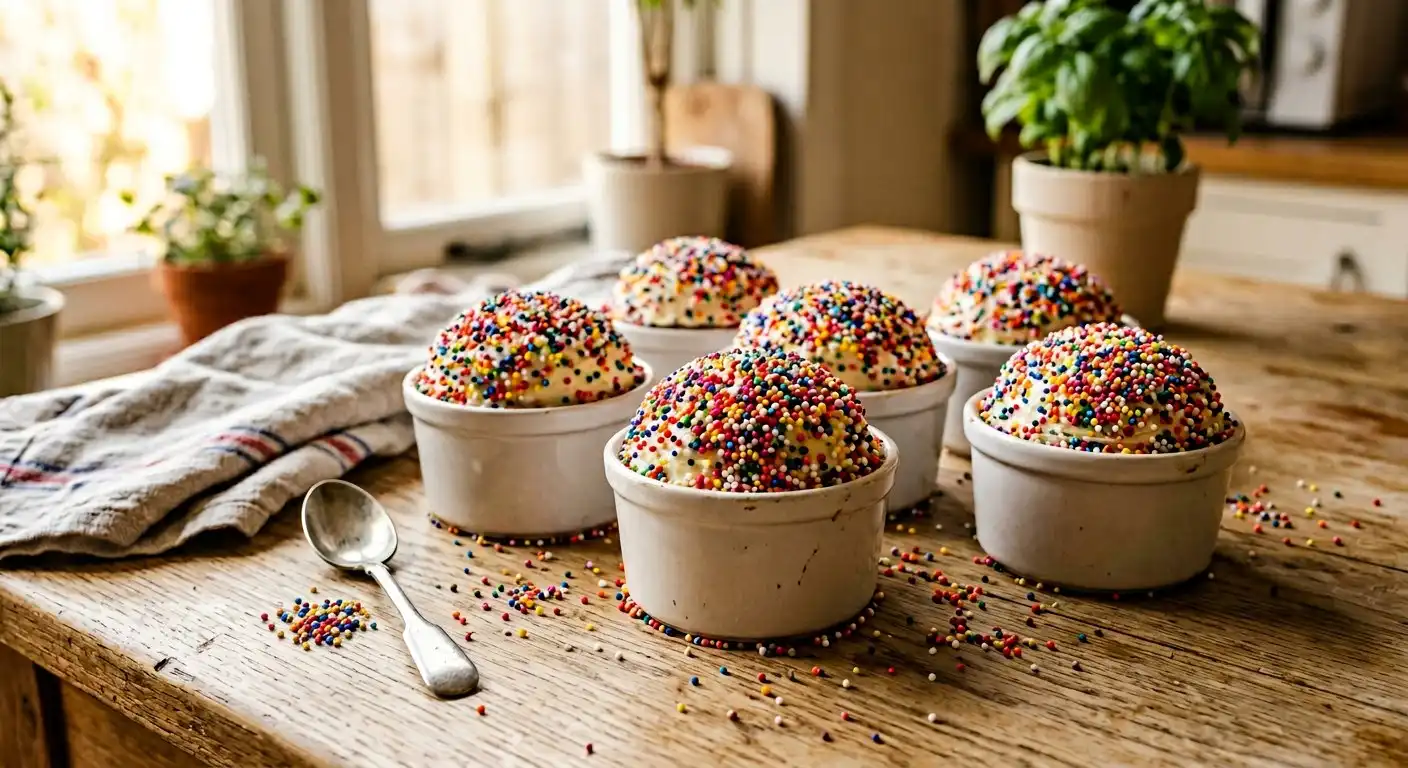 Four colorful dot cakes in white ramekins with rainbow nonpareil sprinkle coating on white marble surface
