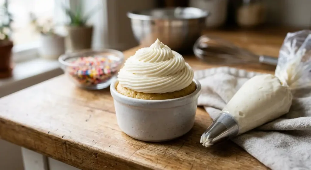 Tall smooth cream cheese buttercream dome piped on vanilla cake in ramekin before adding sprinkles for dot cakes