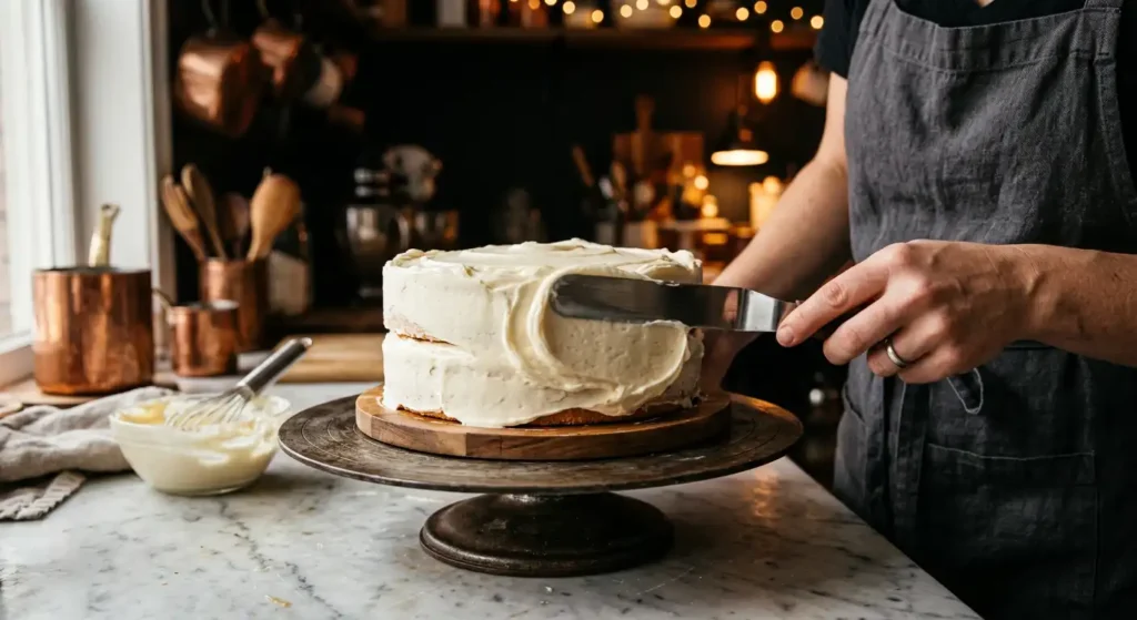 frosting a layered birthday cake with buttercream using an offset spatula