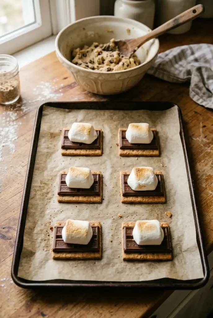 Graham crackers with Hersheys chocolate and marshmallows assembled on baking sheet for s'mores cookies