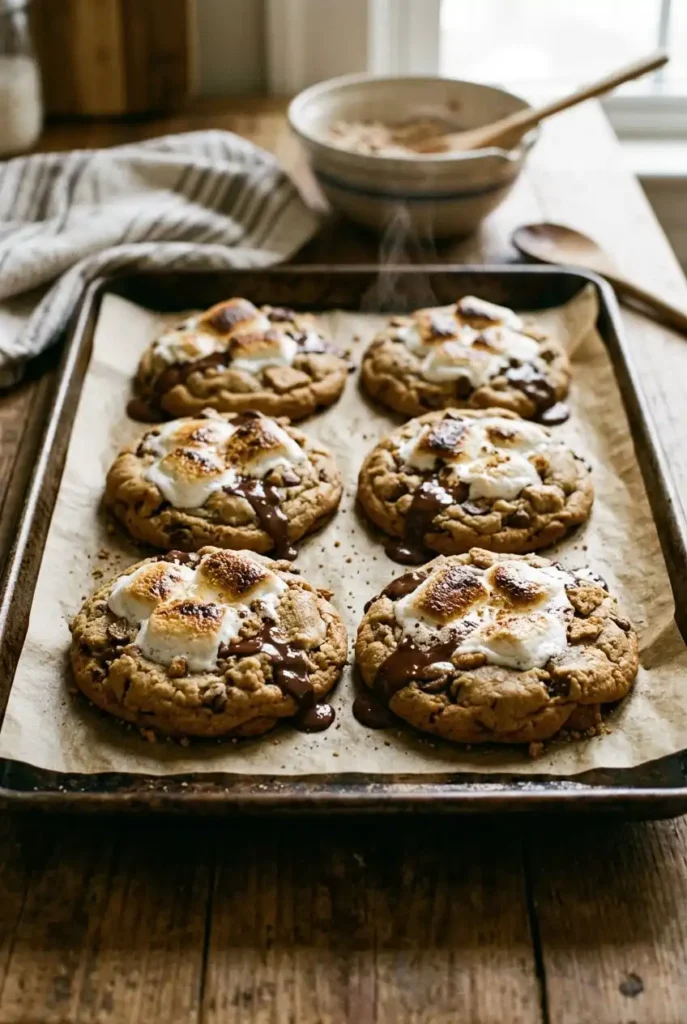 Freshly baked giant s'mores cookies with toasted marshmallow puffing through the top on baking sheet