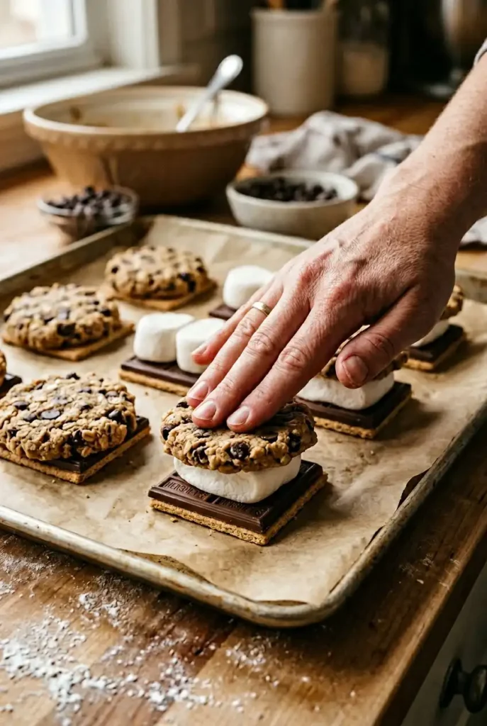 Hand pressing cookie dough over marshmallow chocolate and graham cracker to make stuffed s'mores cookies