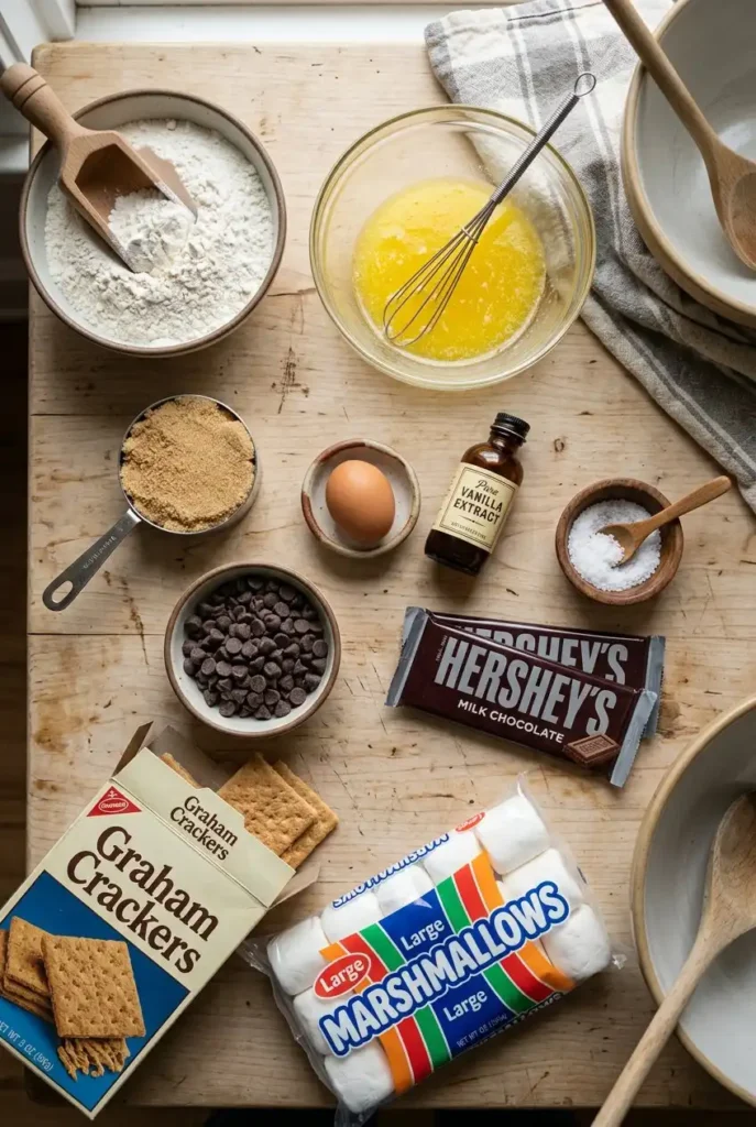 S'mores cookies ingredients flat lay with flour butter sugar marshmallows graham crackers and Hersheys chocolate