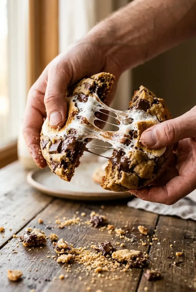 Hands pulling apart a giant s'mores cookie showing gooey marshmallow and melted chocolate stretching inside