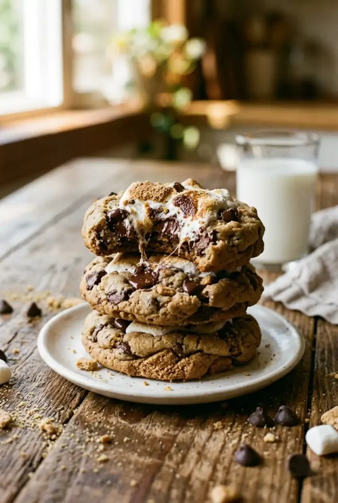 Stack of three giant s'mores cookies on white plate with glass of milk showing melted chocolate and marshmallow