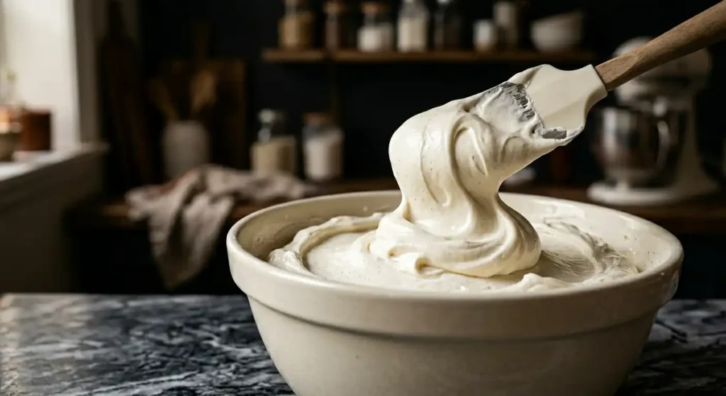 fluffy homemade vanilla buttercream frosting in a bowl