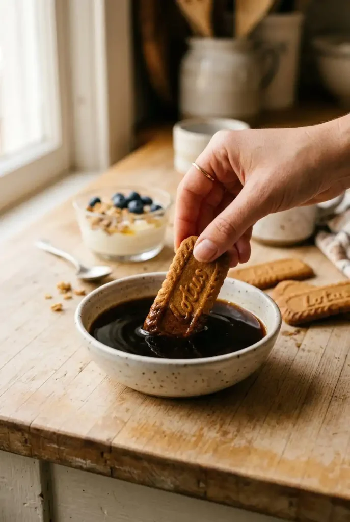 Hand dipping Biscoff cookie into coffee for yogurt tiramisu recipe