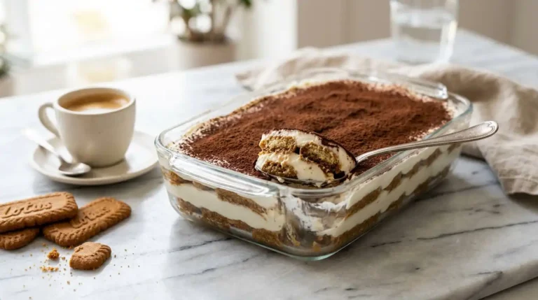 Yogurt tiramisu in glass dish with layers of Greek yogurt and coffee soaked Biscoff cookies dusted with cocoa powder