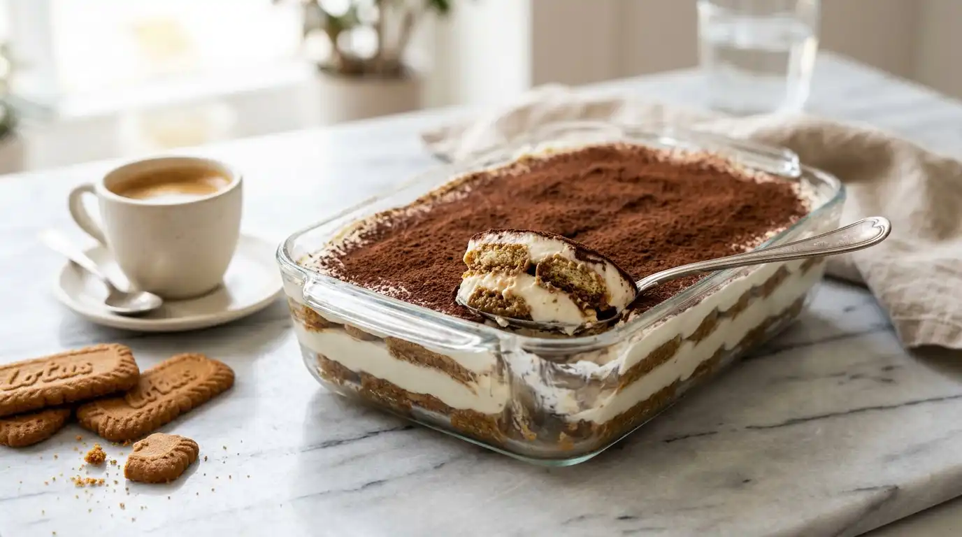 Yogurt tiramisu in glass dish with layers of Greek yogurt and coffee soaked Biscoff cookies dusted with cocoa powder