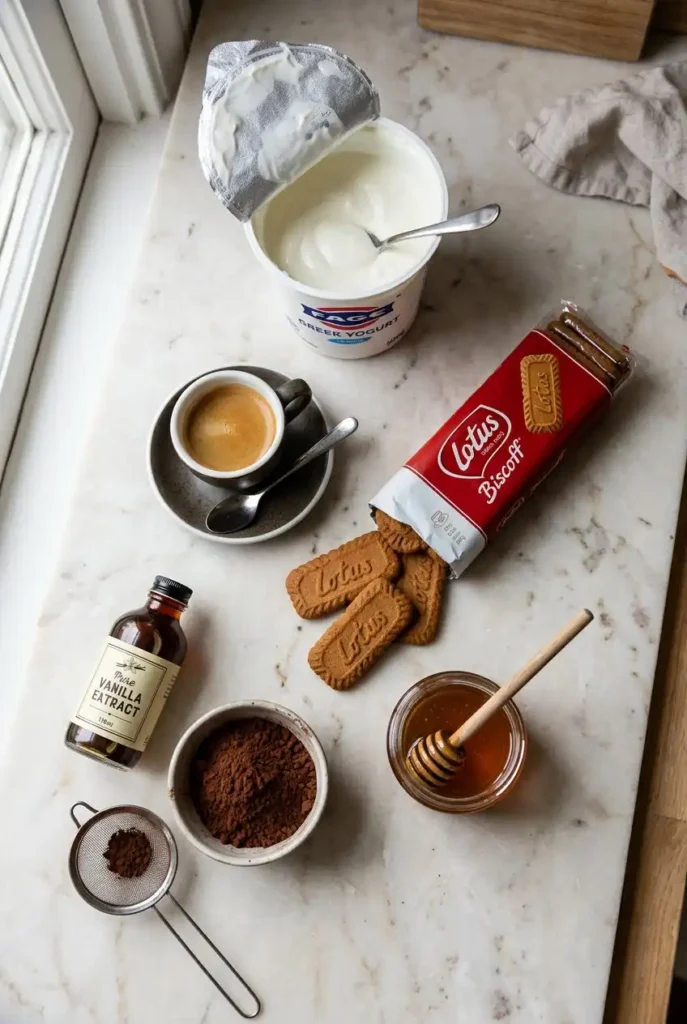 Yogurt tiramisu ingredients flat lay with Greek yogurt honey espresso Biscoff cookies and cocoa powder