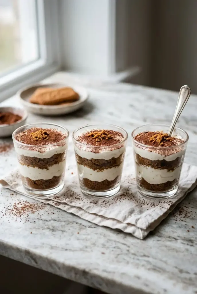Three glass cups of yogurt tiramisu showing layers of yogurt cream and coffee soaked cookies with cocoa powder