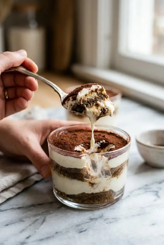 Spoon scooping into yogurt tiramisu cup showing creamy layers of yogurt and softened coffee cookies