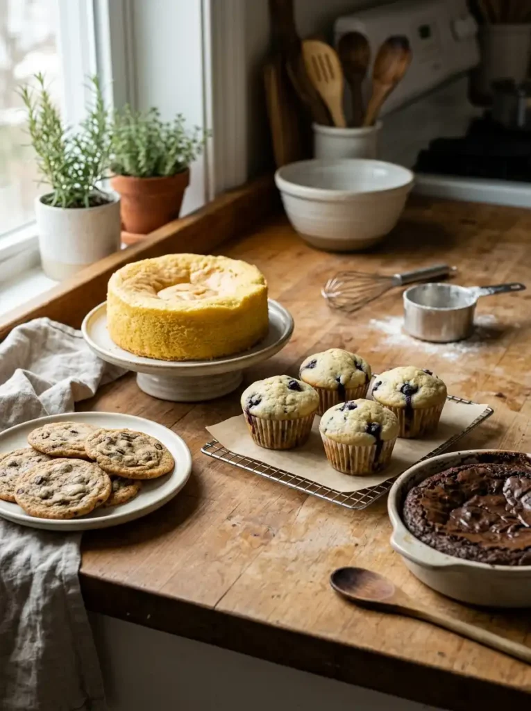 Common baking mistakes including flat cookies, sunken cake, and dense muffins
