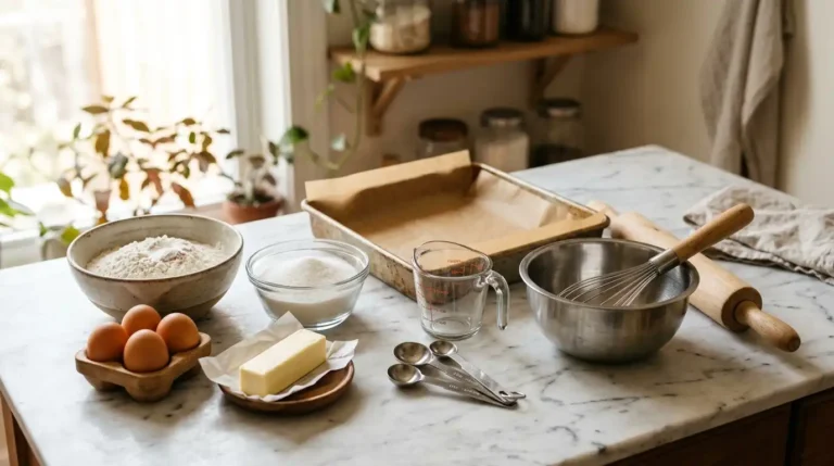 Beginner baking tips setup with flour, eggs, butter, measuring tools, and baking pans on a kitchen counter