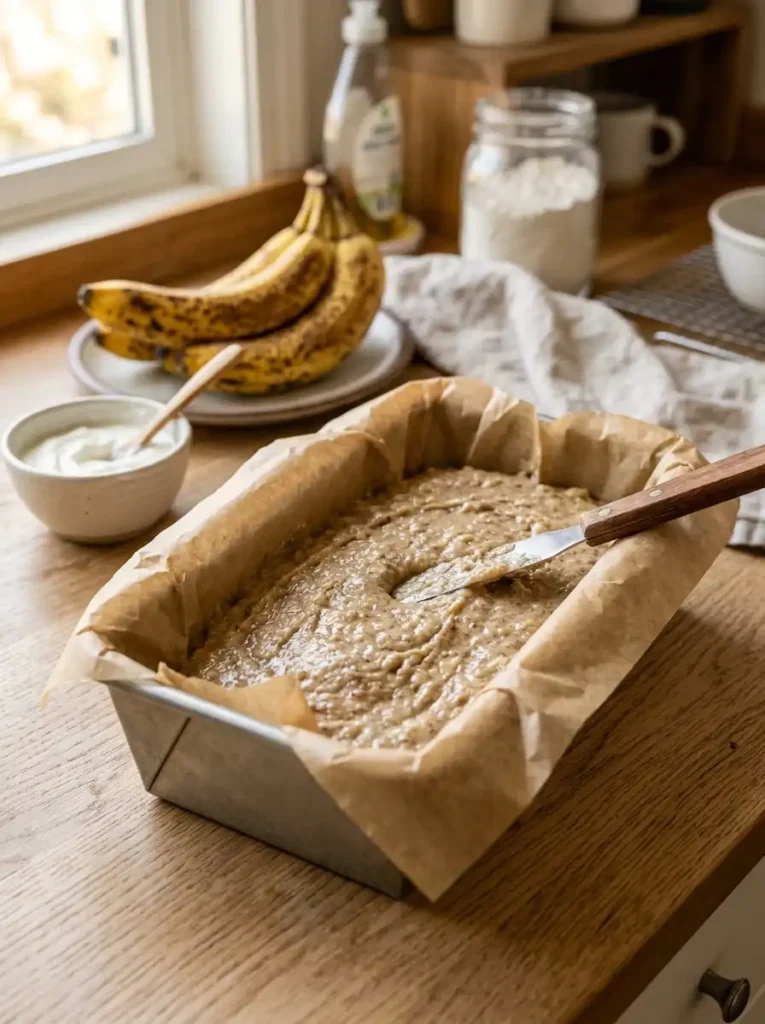 Banana bread batter poured into a parchment lined loaf pan before baking