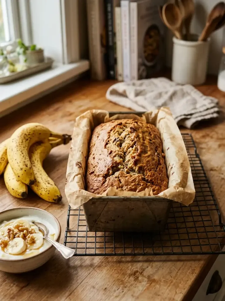 Fresh baked yogurt banana bread loaf cooling in a parchment lined pan