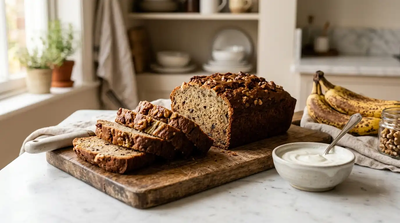 Moist banana bread recipe with yogurt sliced on a wooden board