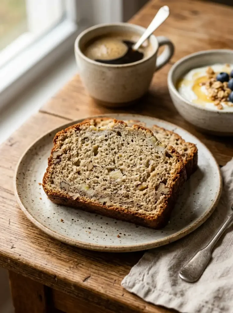 Close up of a moist slice of banana bread made with yogurt