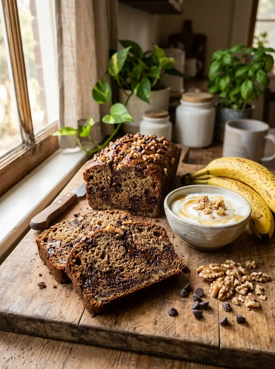 Banana bread with yogurt topped with chocolate chips and walnuts