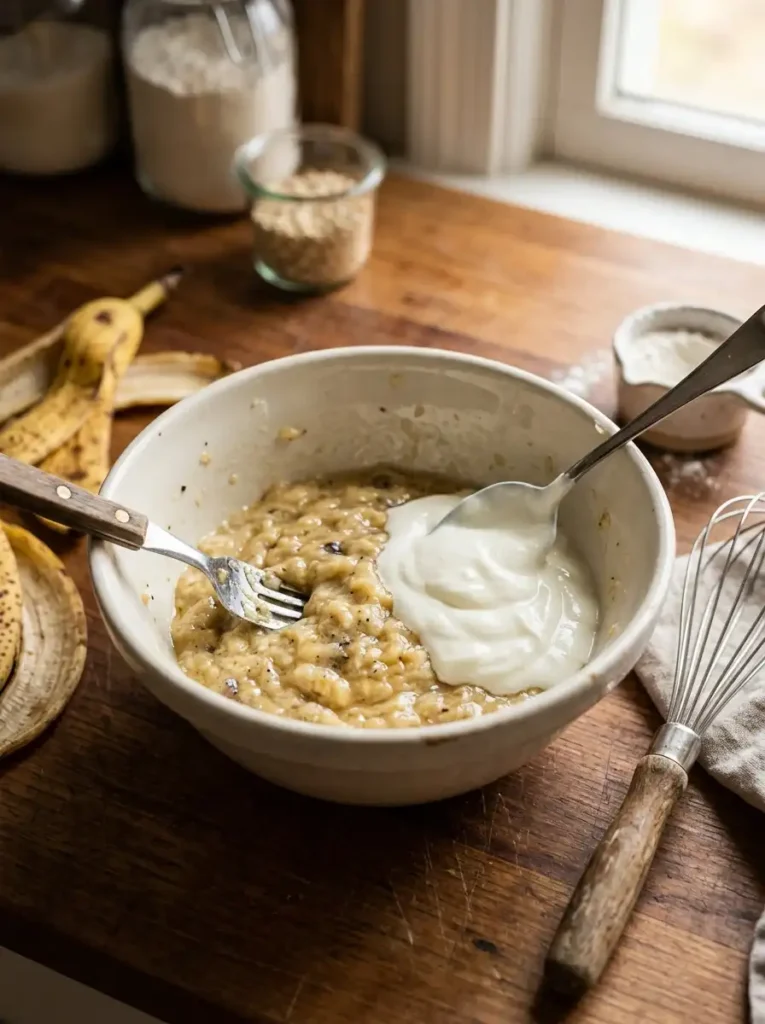 Mashed ripe bananas mixed with yogurt for moist banana bread
