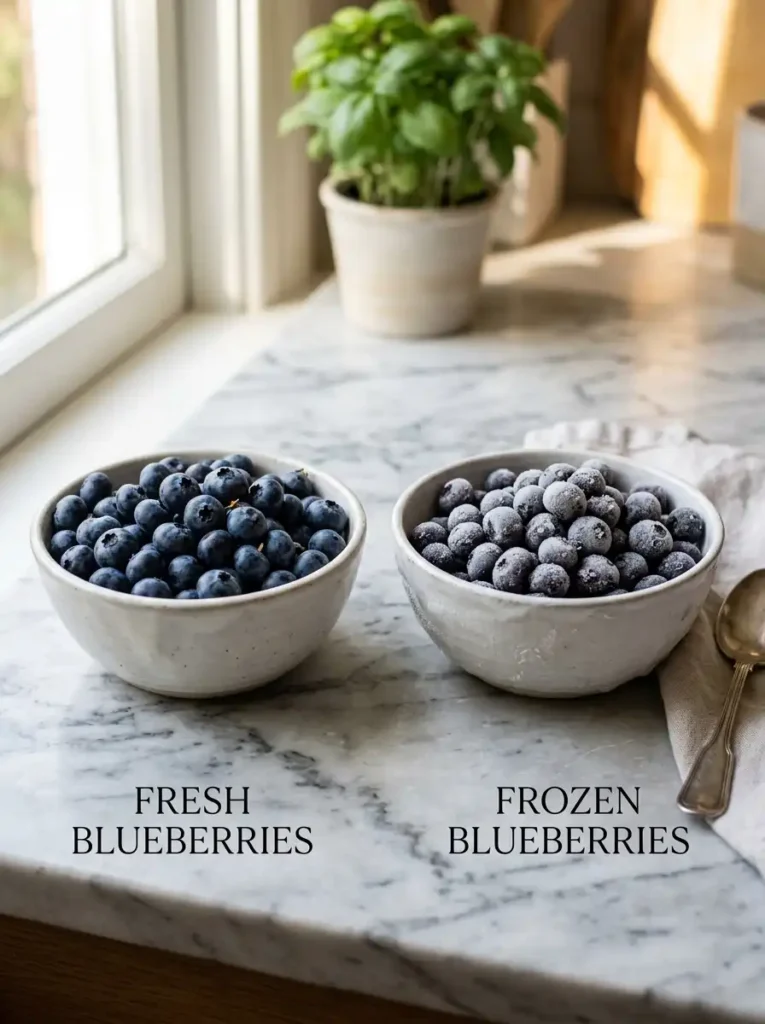 Side-by-side comparison of fresh and frozen blueberries for waffles