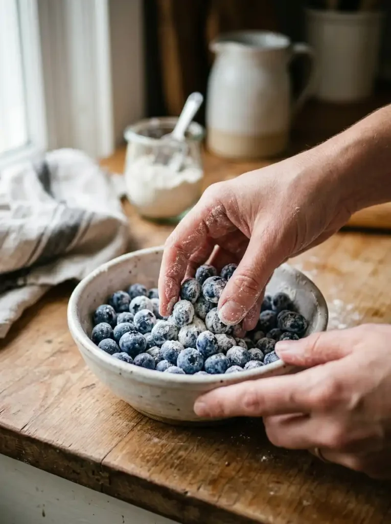 Coating fresh blueberries in flour before adding to waffle batter