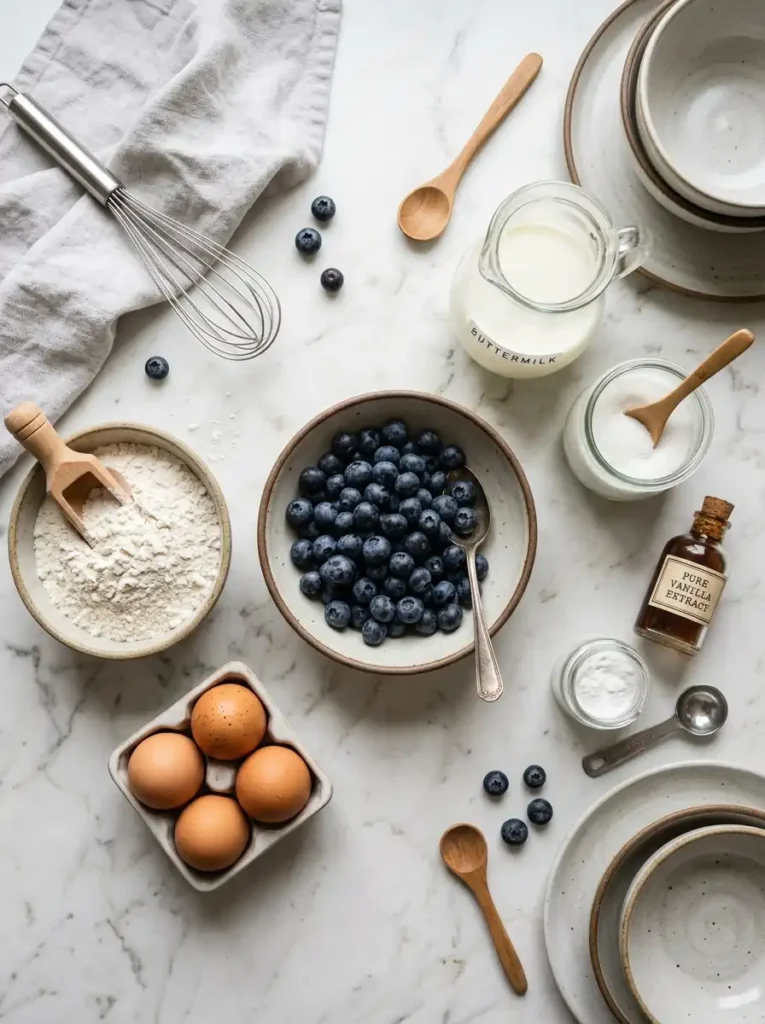Ingredients for blueberry waffles including fresh blueberries, buttermilk, and flour