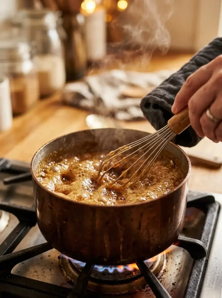 Brown sugar and butter caramelizing in a saucepan for caramel cake icing
