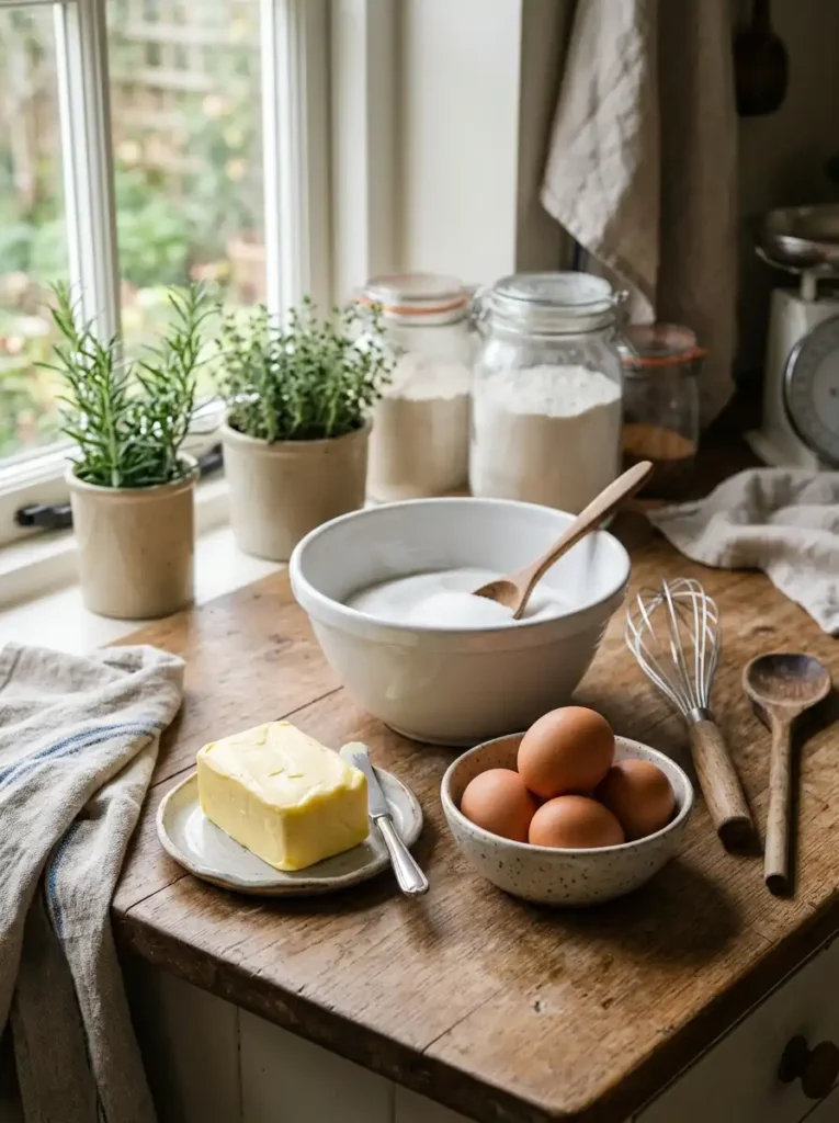 Softened butter and room temperature eggs prepared for better baking texture