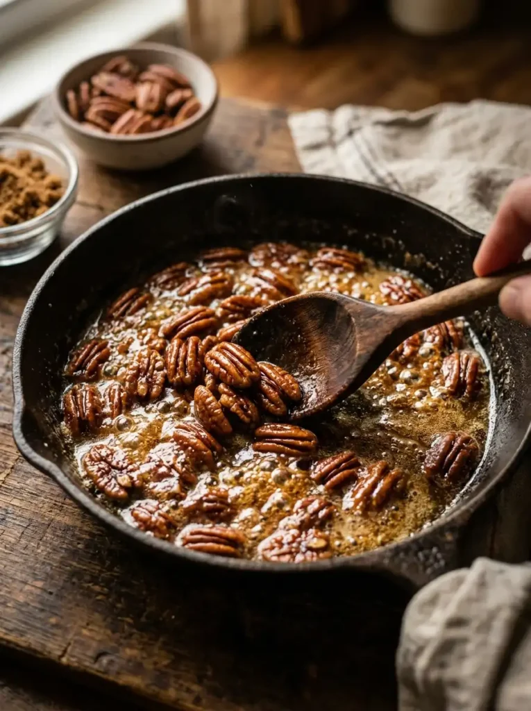 Toasting pecan halves in melted butter in a cast iron skillet for butter pecan ice cream