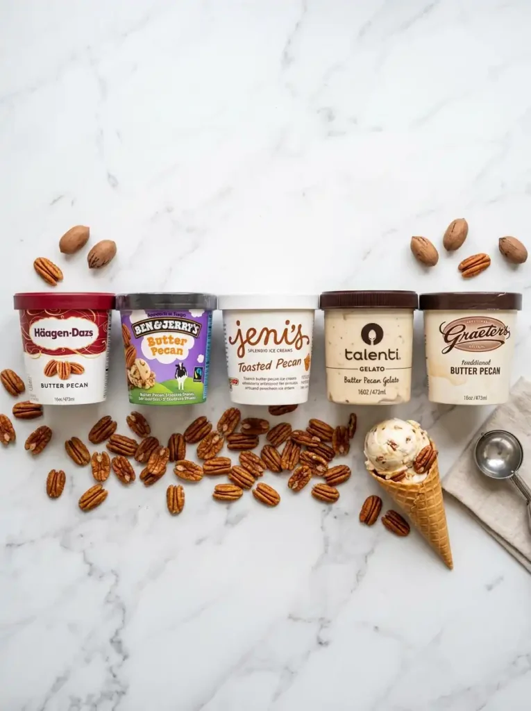 Flat lay of five premium store-bought butter pecan ice cream pints arranged for comparison