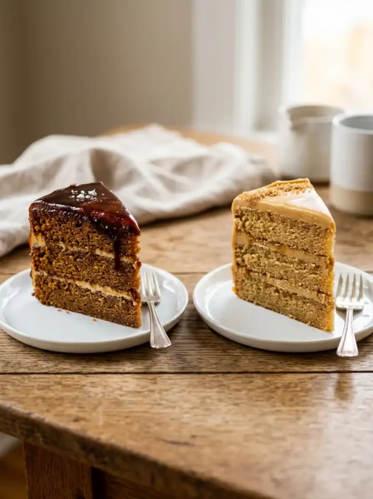 Side-by-side comparison of burnt-sugar and brown-sugar caramel cake icing