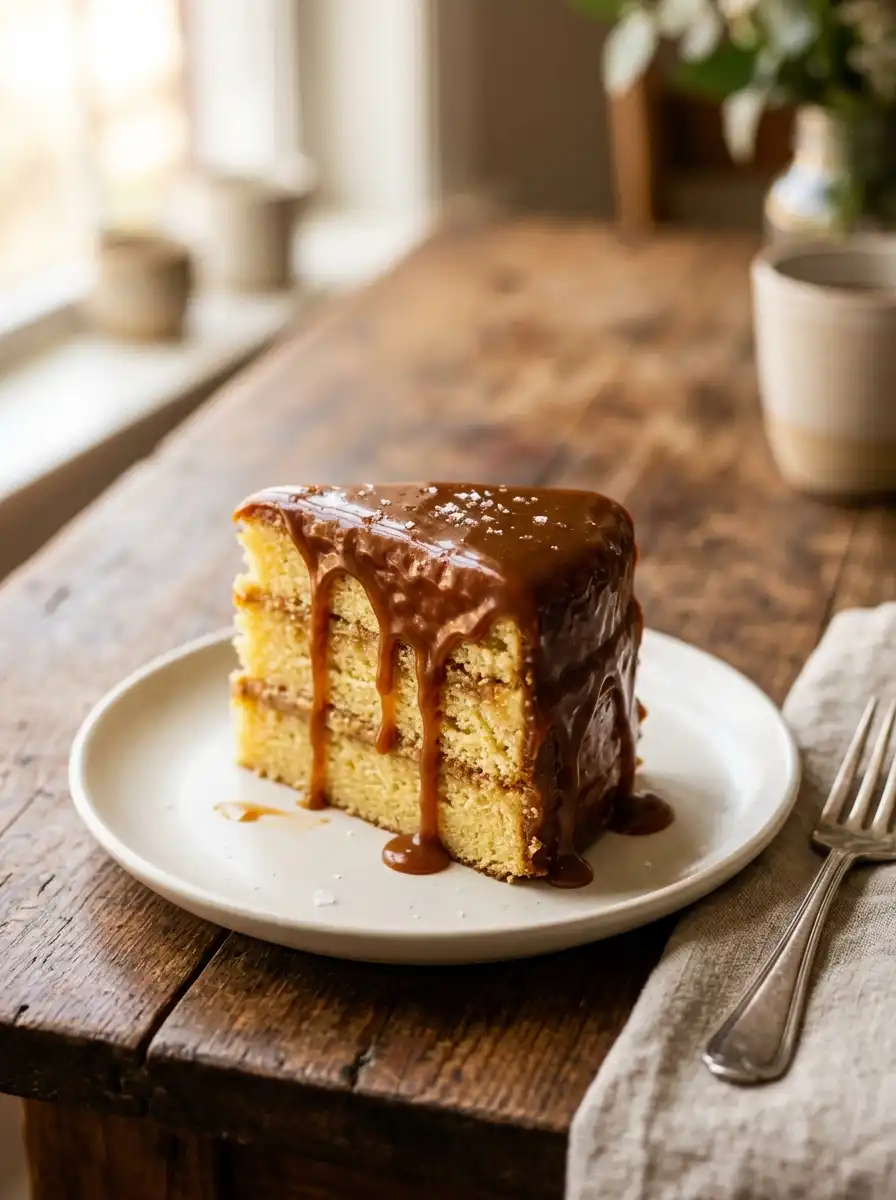 Vertical Pinterest image of a slice of Southern caramel cake with caramel icing