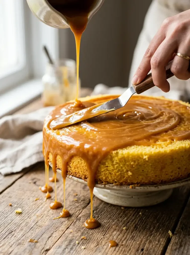 Warm caramel icing being spread over a caramel cake layer