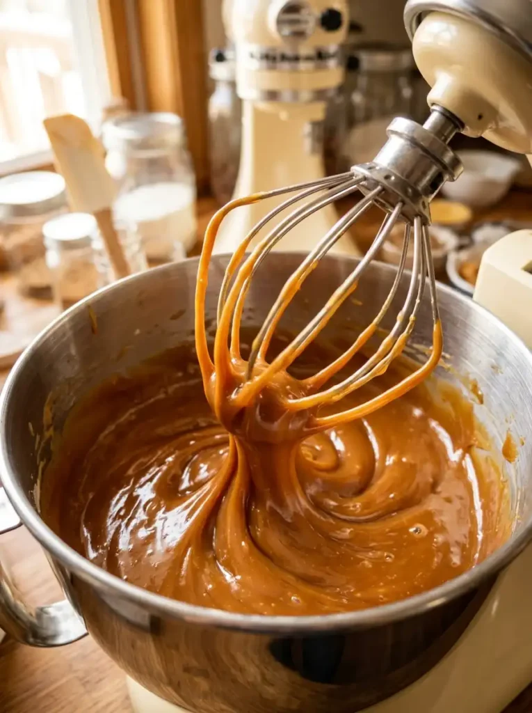 Glossy caramel icing being whipped in a stand mixer for caramel cake