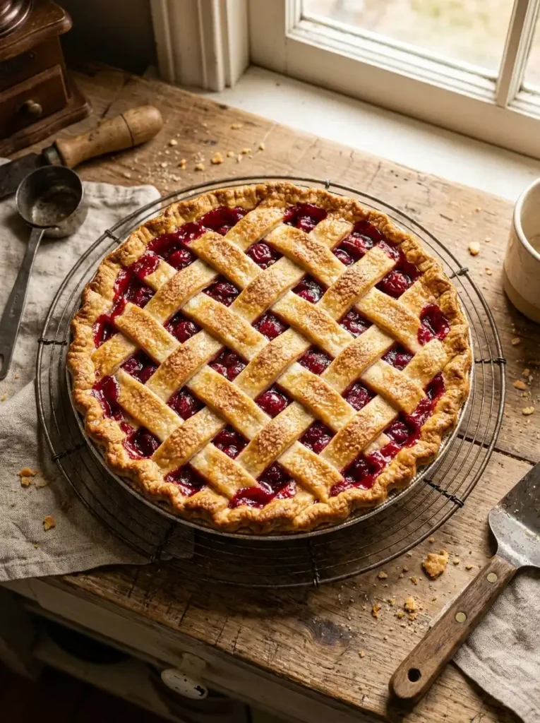 Freshly baked cherry pie with golden lattice crust cooling on a wire rack