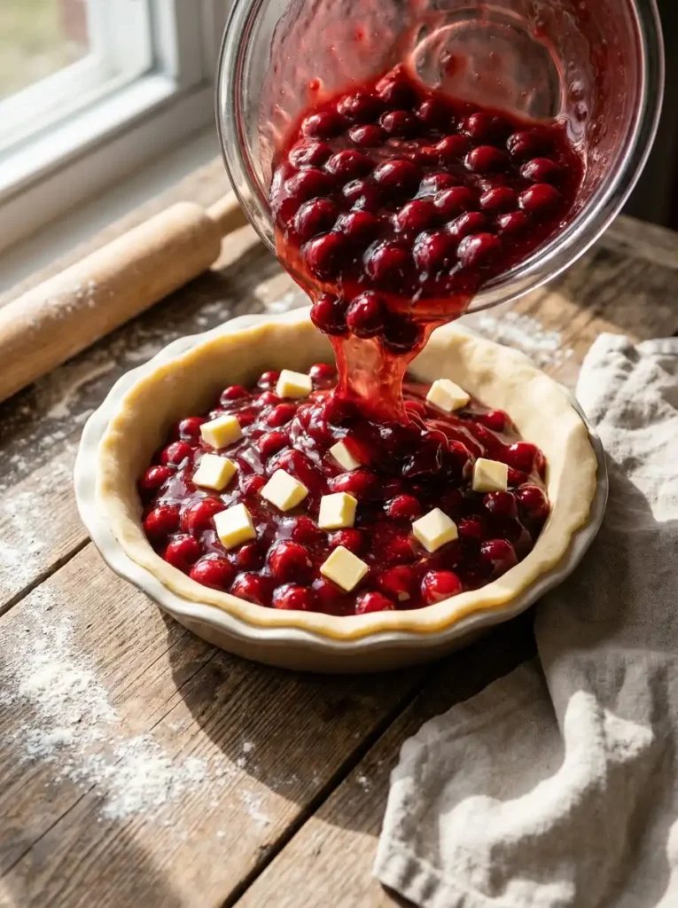 Pouring canned cherry pie filling into a pie crust before baking