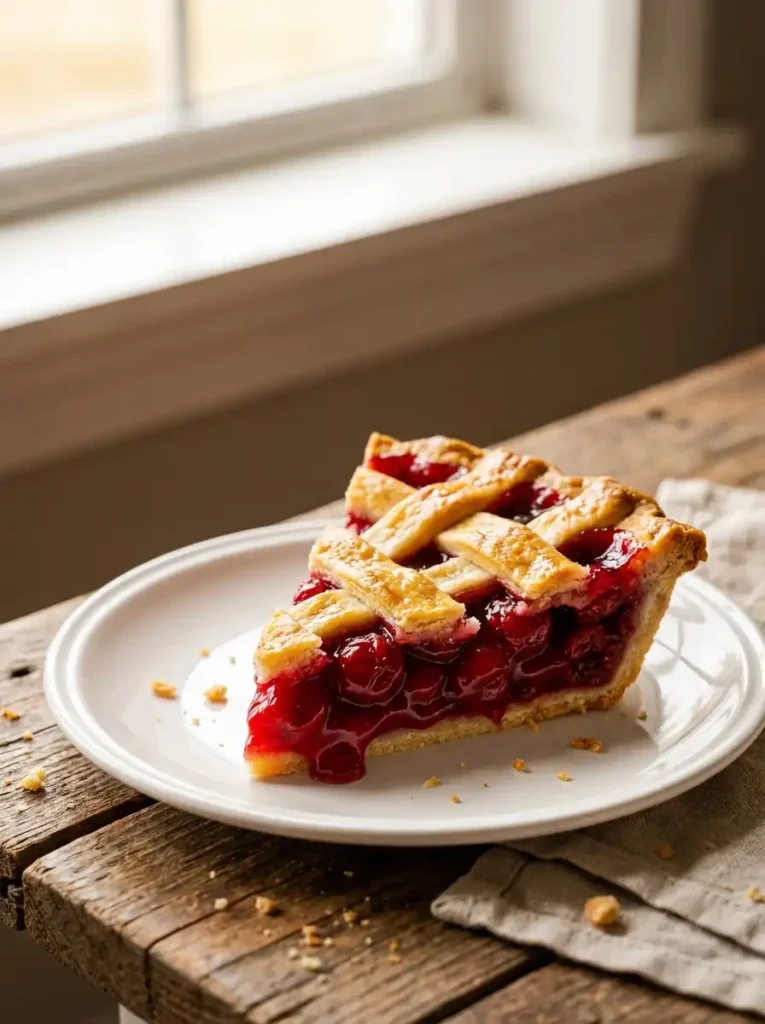Vertical Pinterest image of a slice of cherry pie with lattice crust