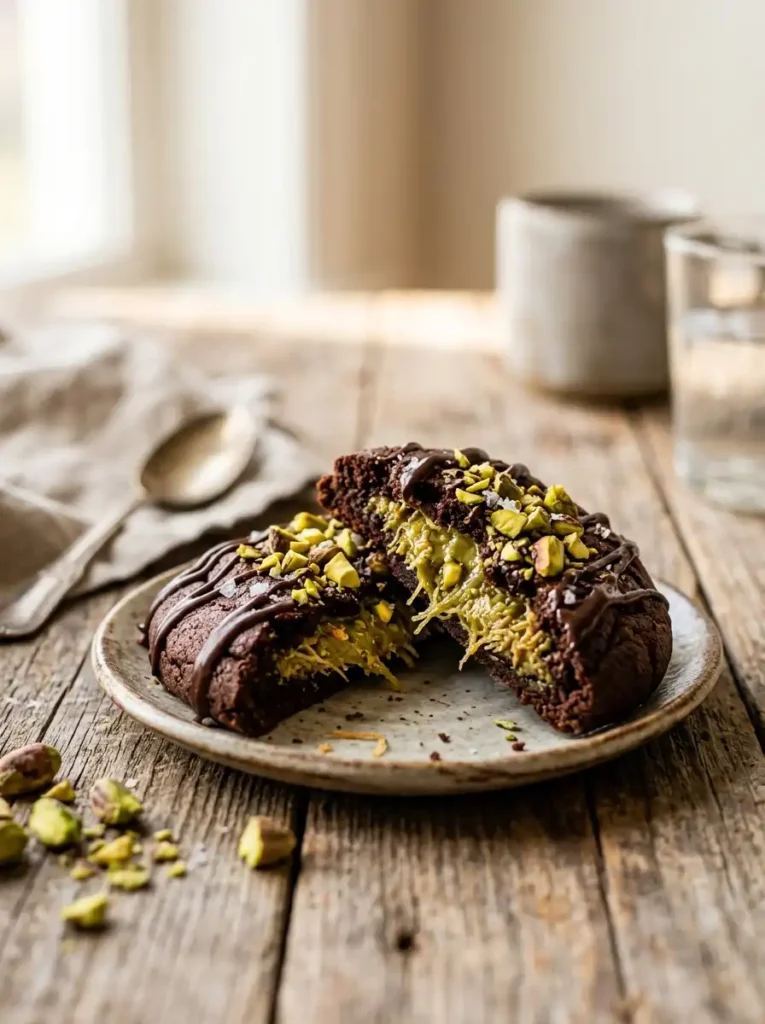 Vertical Pinterest image of a Dubai chocolate cookie with pistachio filling