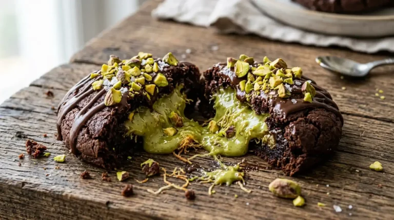 Dubai chocolate cookie broken in half showing gooey pistachio kataifi filling