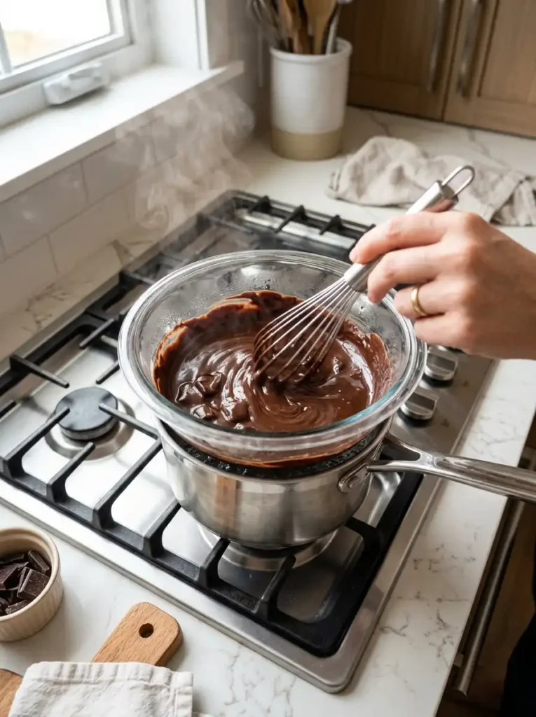 Melting dark chocolate and butter in a double boiler to make an easy flourless chocolate torte recipe