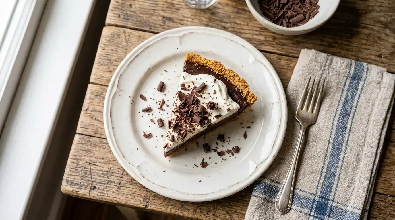 Sliced chocolate pudding pie topped with whipped cream and chocolate shavings on a white plate