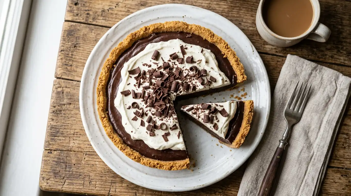Sliced chocolate pudding pie topped with whipped cream and chocolate shavings on a white plate