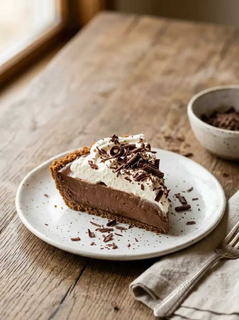 Vertical Pinterest image of chocolate pudding pie slice with whipped cream