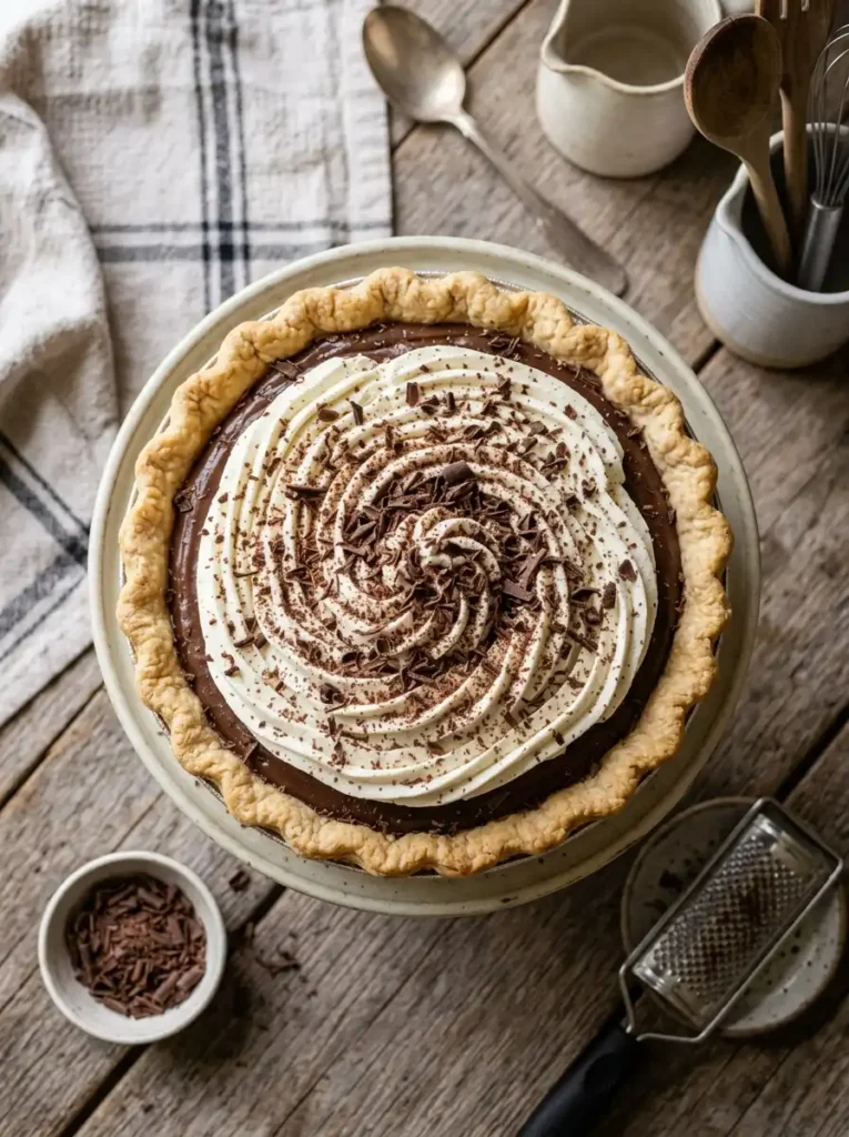 Finished chocolate pudding pie topped with whipped cream and grated chocolate before slicing